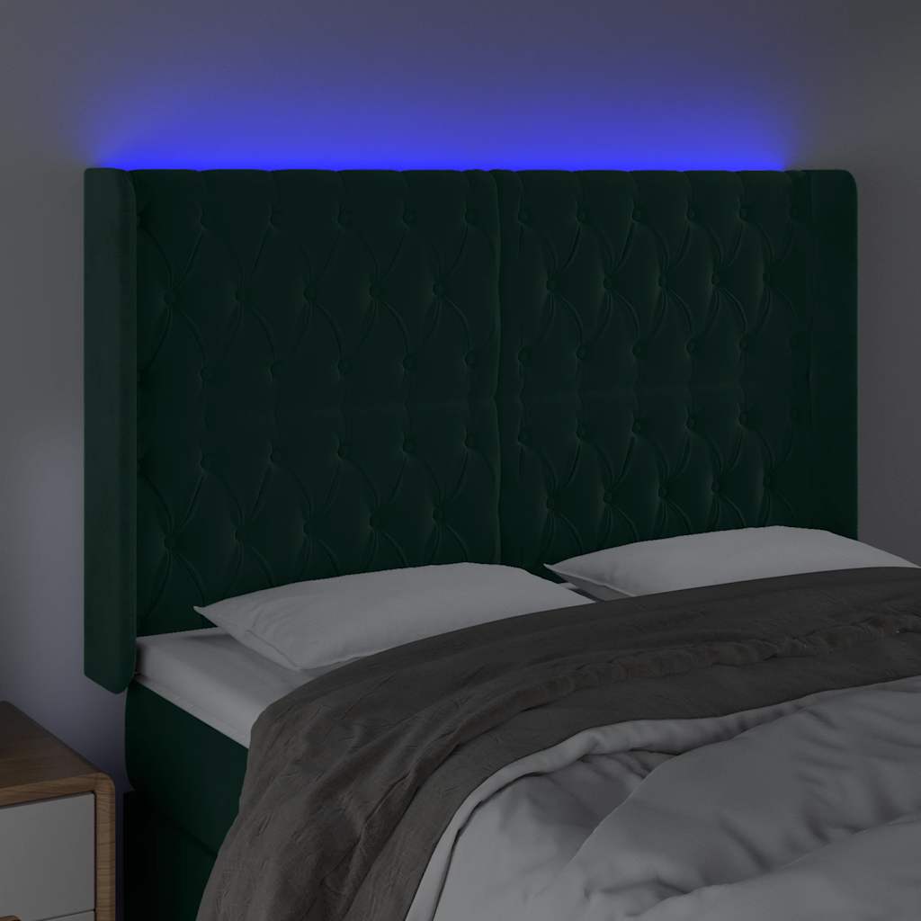 vidaXL Zagłówek do łóżka z LED, ciemnozielony 163x16x118/128cm aksamit
