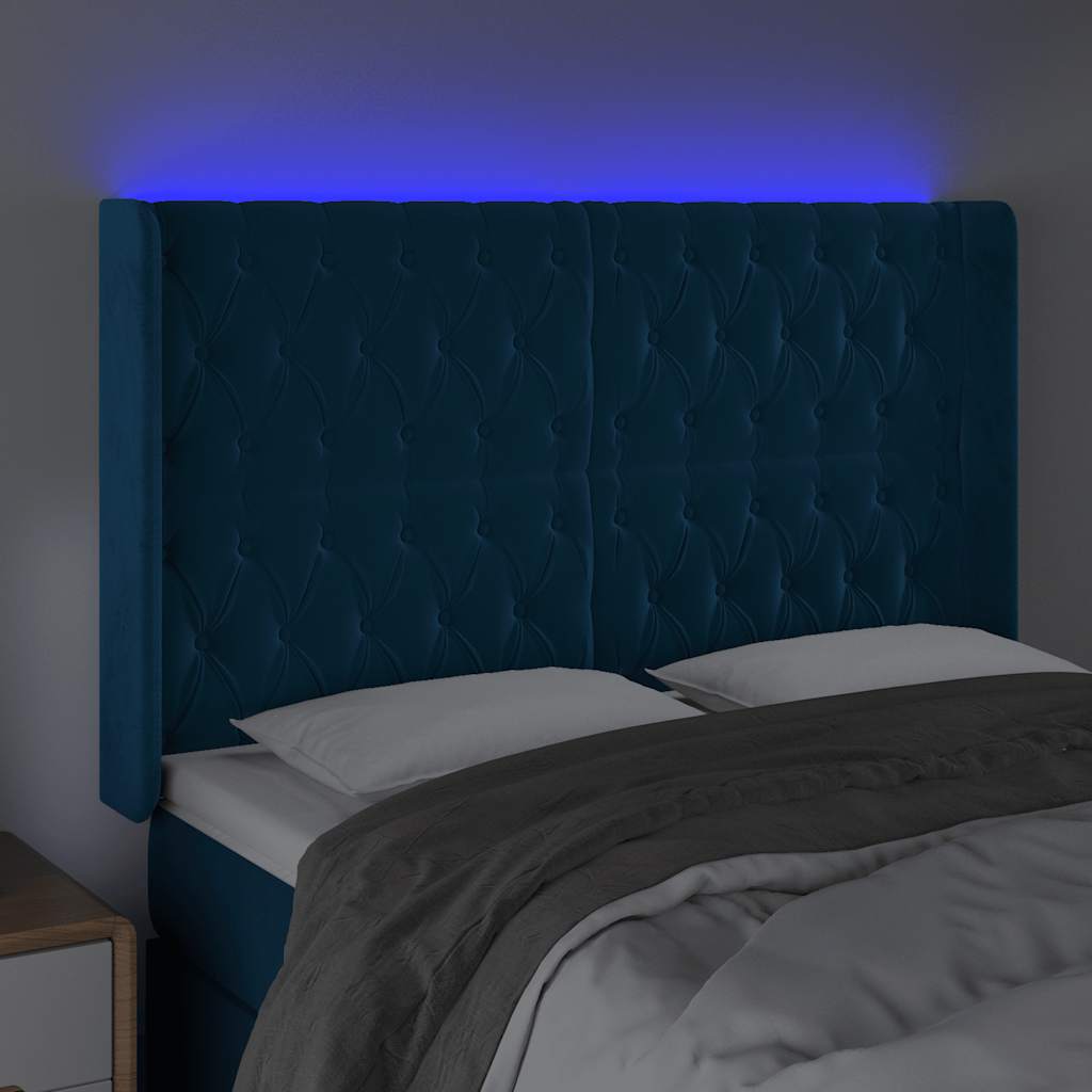 vidaXL Zagłówek do łóżka z LED ciemnoniebieski, 163x16x118/128 cm