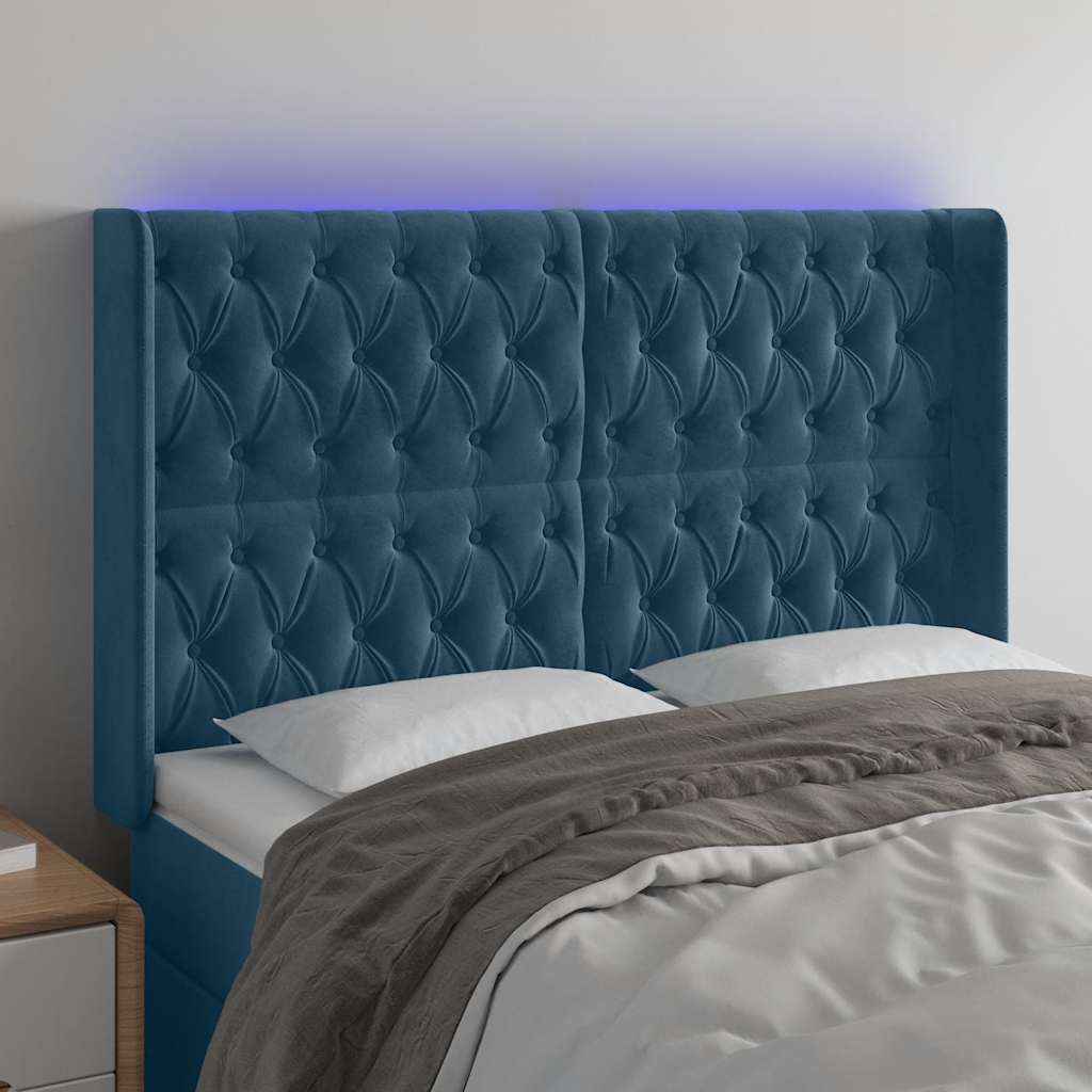 vidaXL Zagłówek do łóżka z LED ciemnoniebieski, 163x16x118/128 cm