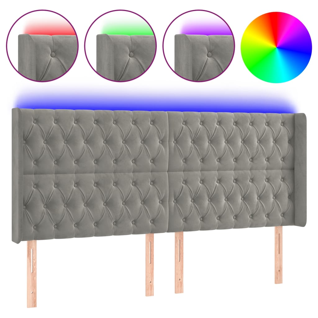 vidaXL Zagłówek do łóżka z LED, jasnoszary, 183x16x118/128 cm, aksamit