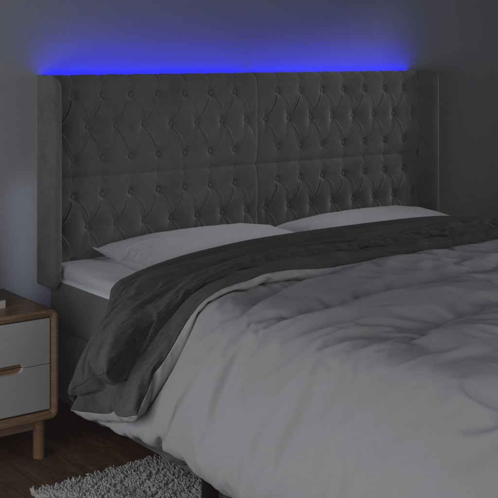 vidaXL Zagłówek do łóżka z LED, jasnoszary, 183x16x118/128 cm, aksamit