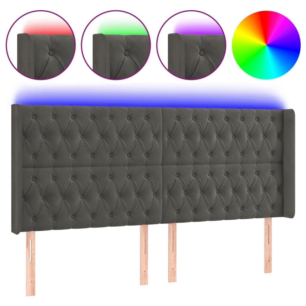 vidaXL Zagłówek do łóżka z LED, ciemnoszary, 183x16x118/128cm, aksamit