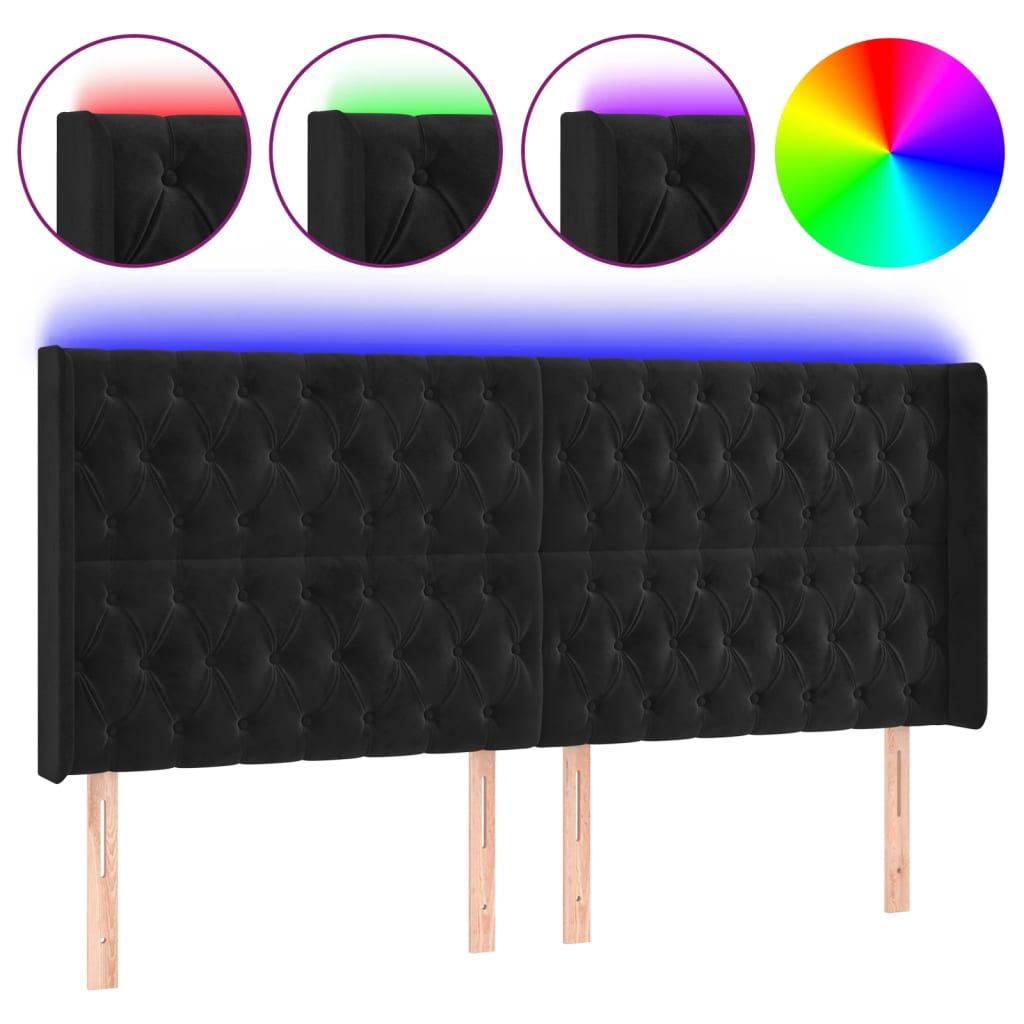 vidaXL Zagłówek do łóżka z LED, czarny, 183x16x118/128 cm, aksamit