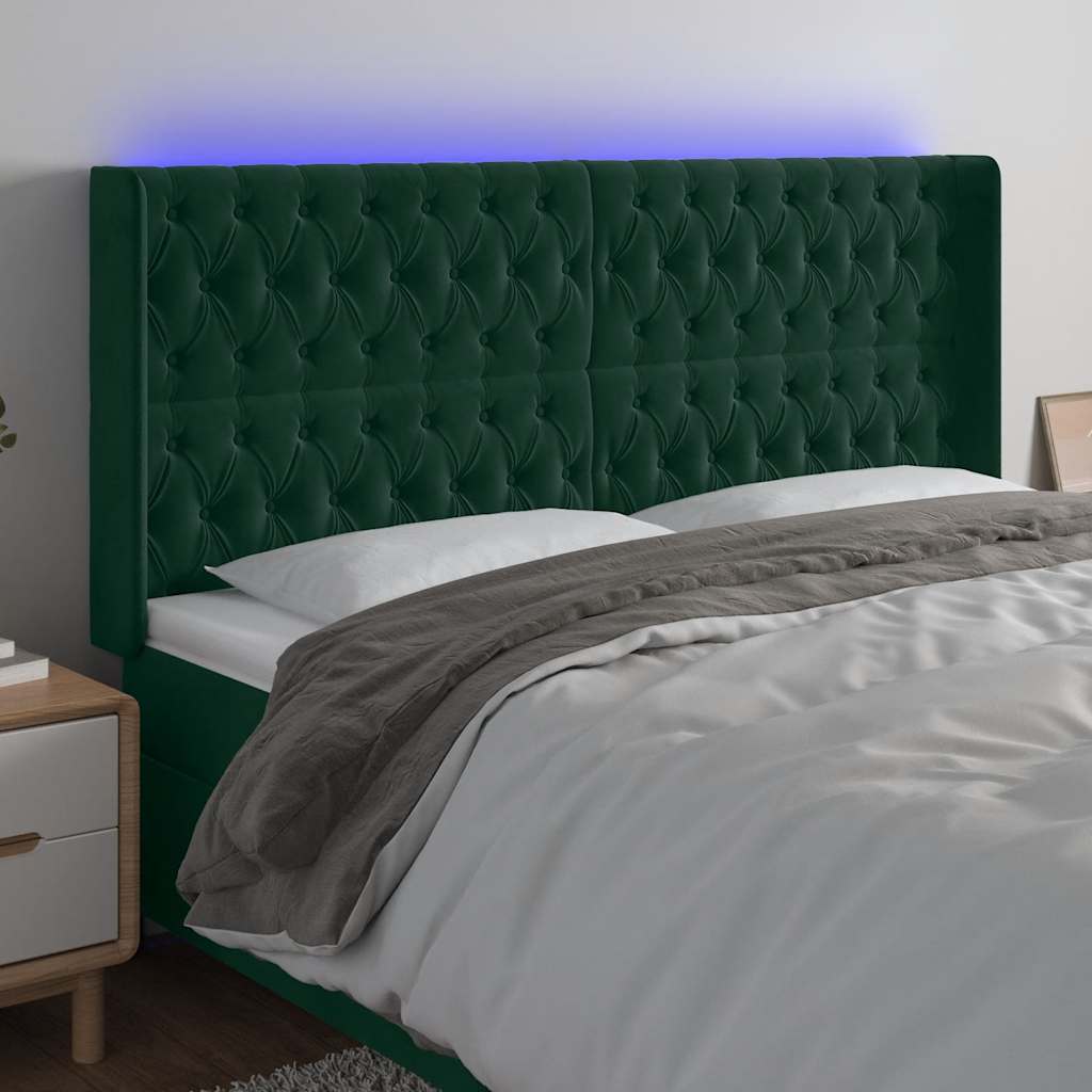 vidaXL Zagłówek do łóżka z LED, ciemnozielony 183x16x118/128cm aksamit