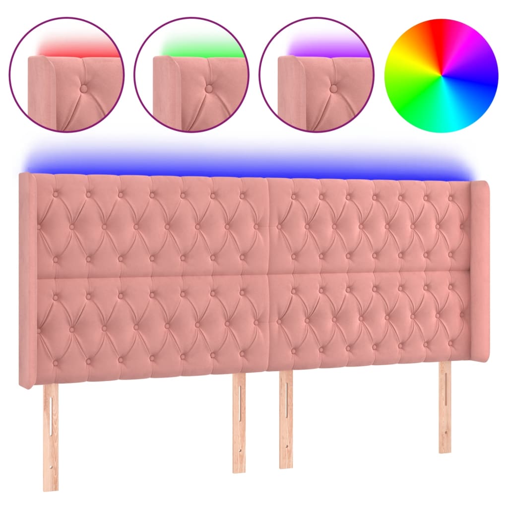 vidaXL Zagłówek do łóżka z LED, różowy, 183x16x118/128 cm, aksamit