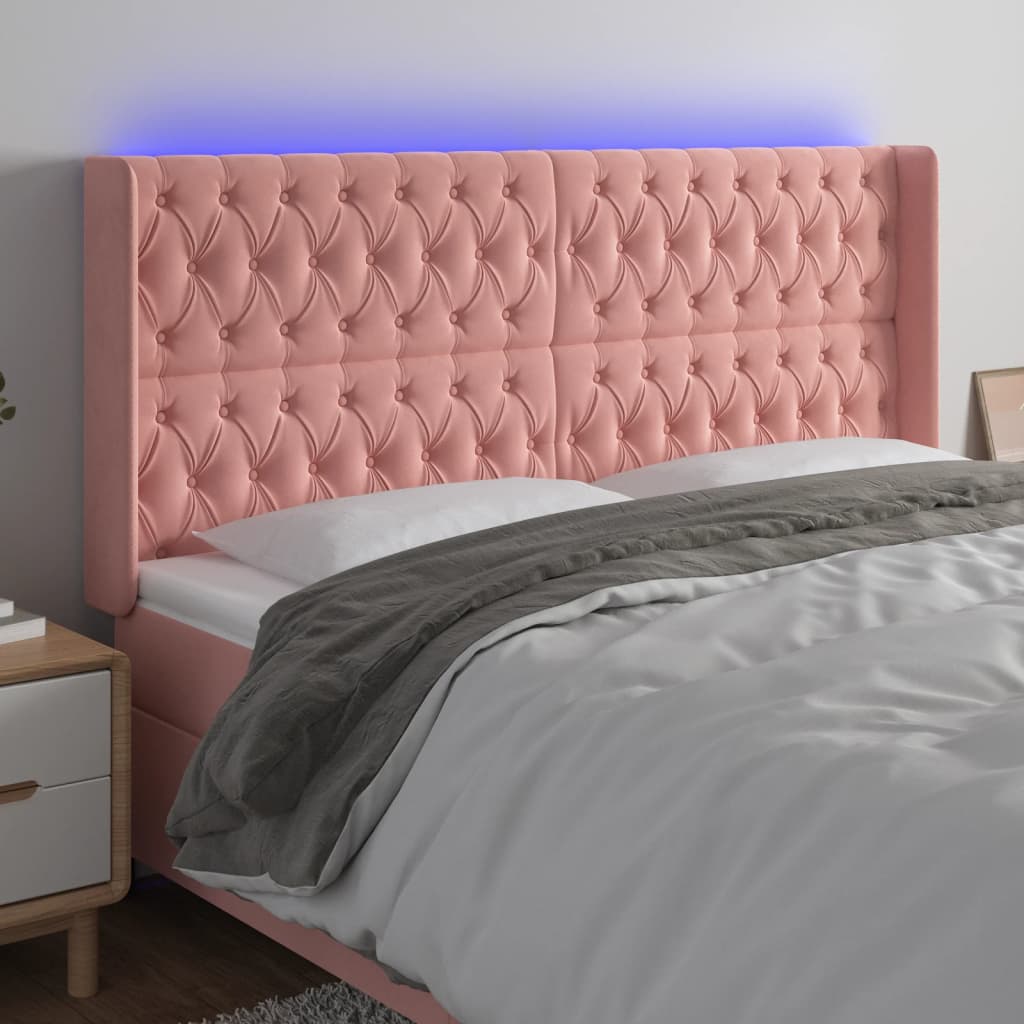 vidaXL Zagłówek do łóżka z LED, różowy, 183x16x118/128 cm, aksamit