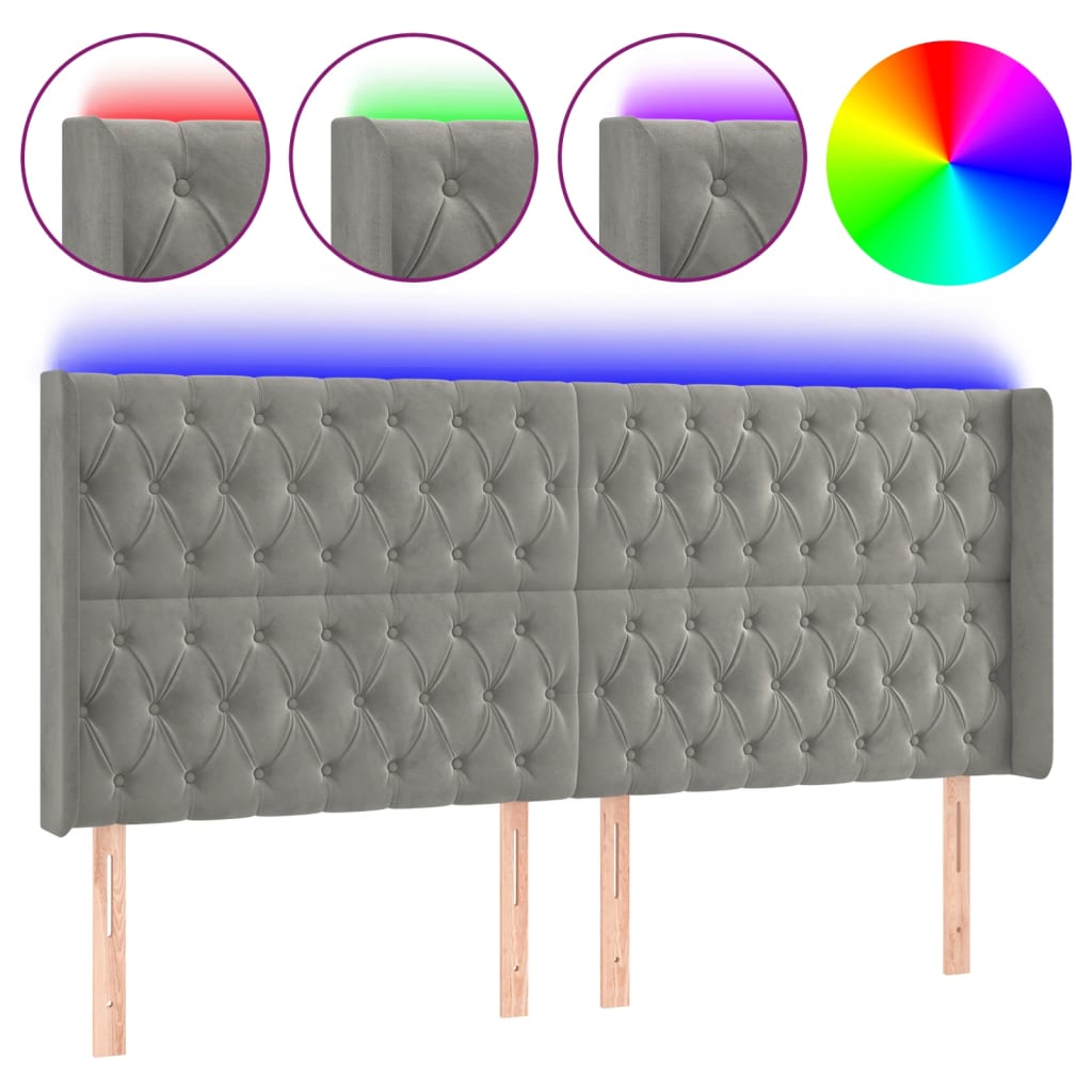 vidaXL Zagłówek do łóżka z LED, jasnoszary, 203x16x118/128 cm, aksamit