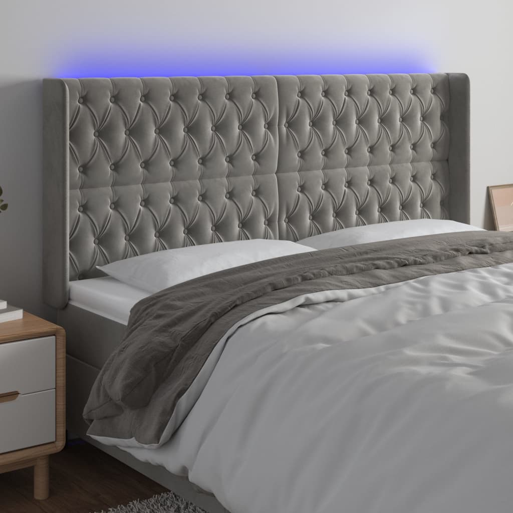 vidaXL Zagłówek do łóżka z LED, jasnoszary, 203x16x118/128 cm, aksamit