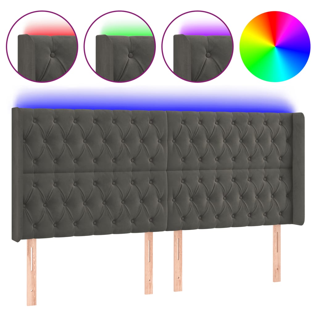 vidaXL Zagłówek do łóżka z LED, ciemnoszary, 203x16x118/128cm, aksamit