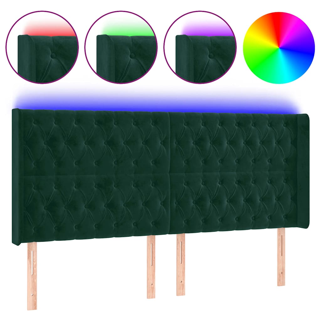 vidaXL Zagłówek do łóżka z LED, ciemnozielony 203x16x118/128cm aksamit