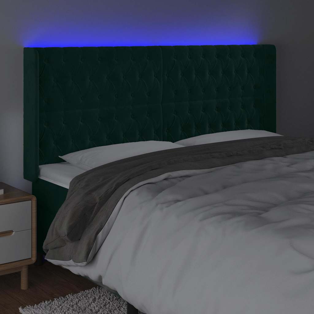 vidaXL Zagłówek do łóżka z LED, ciemnozielony 203x16x118/128cm aksamit