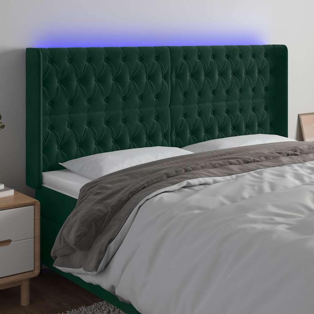 vidaXL Zagłówek do łóżka z LED, ciemnozielony 203x16x118/128cm aksamit