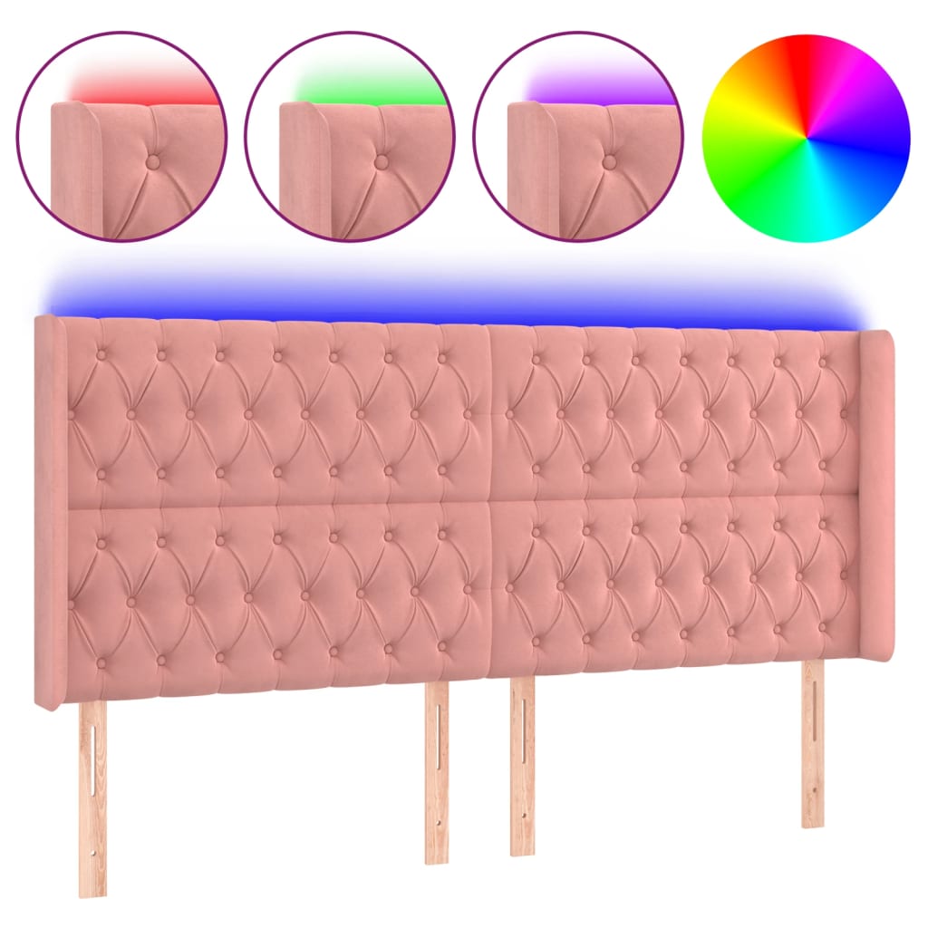 vidaXL Zagłówek do łóżka z LED, różowy, 203x16x118/128 cm, aksamit