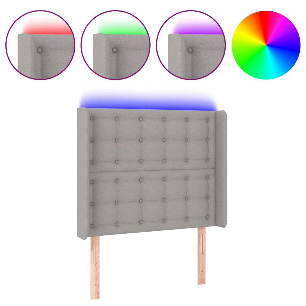 vidaXL Zagłówek do łóżka z LED, jasnoszary, 83x16x118/128 cm, tkanina