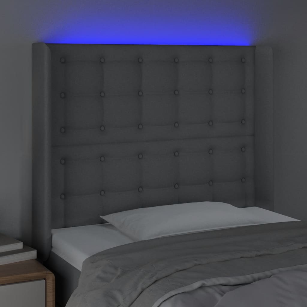 vidaXL Zagłówek do łóżka z LED, jasnoszary, 83x16x118/128 cm, tkanina