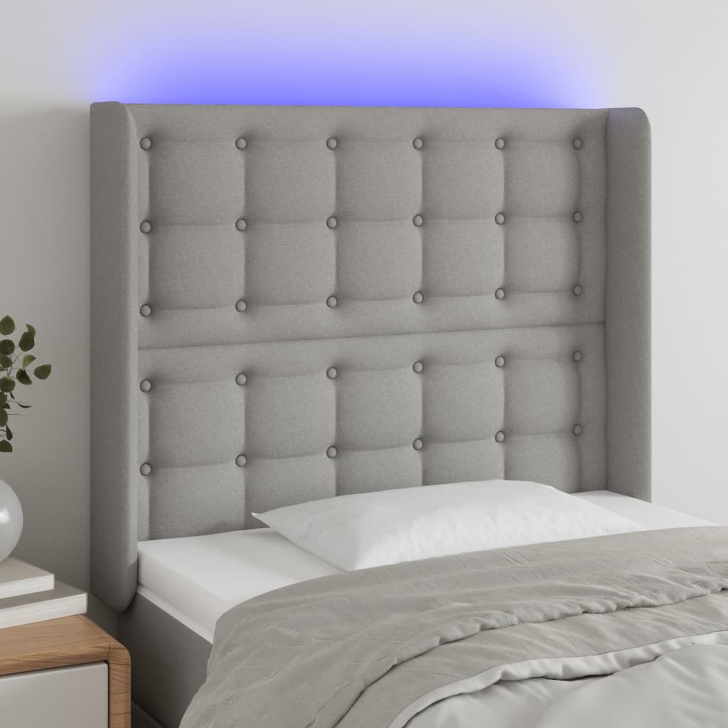 vidaXL Zagłówek do łóżka z LED, jasnoszary, 103x16x118/128 cm, tkanina