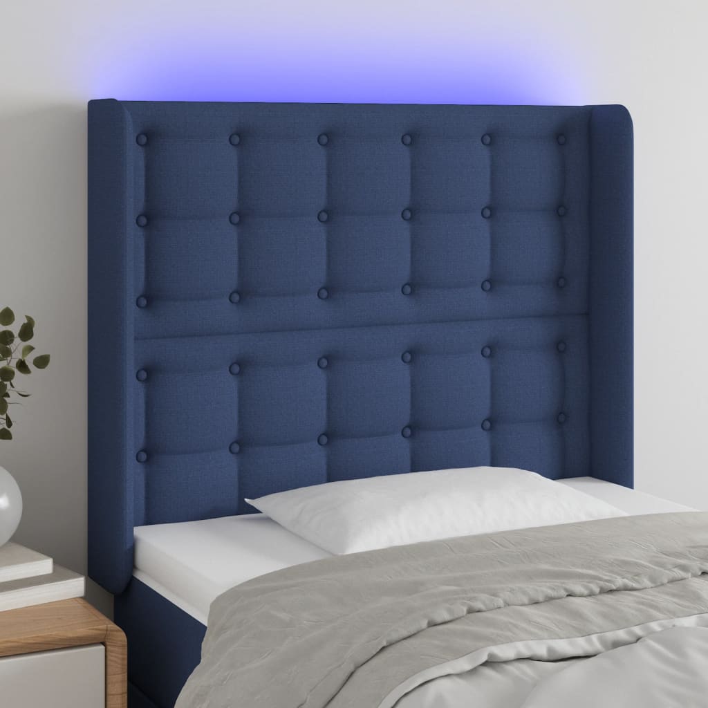 vidaXL Zagłówek do łóżka z LED, niebieski, 103x16x118/128 cm, tkanina