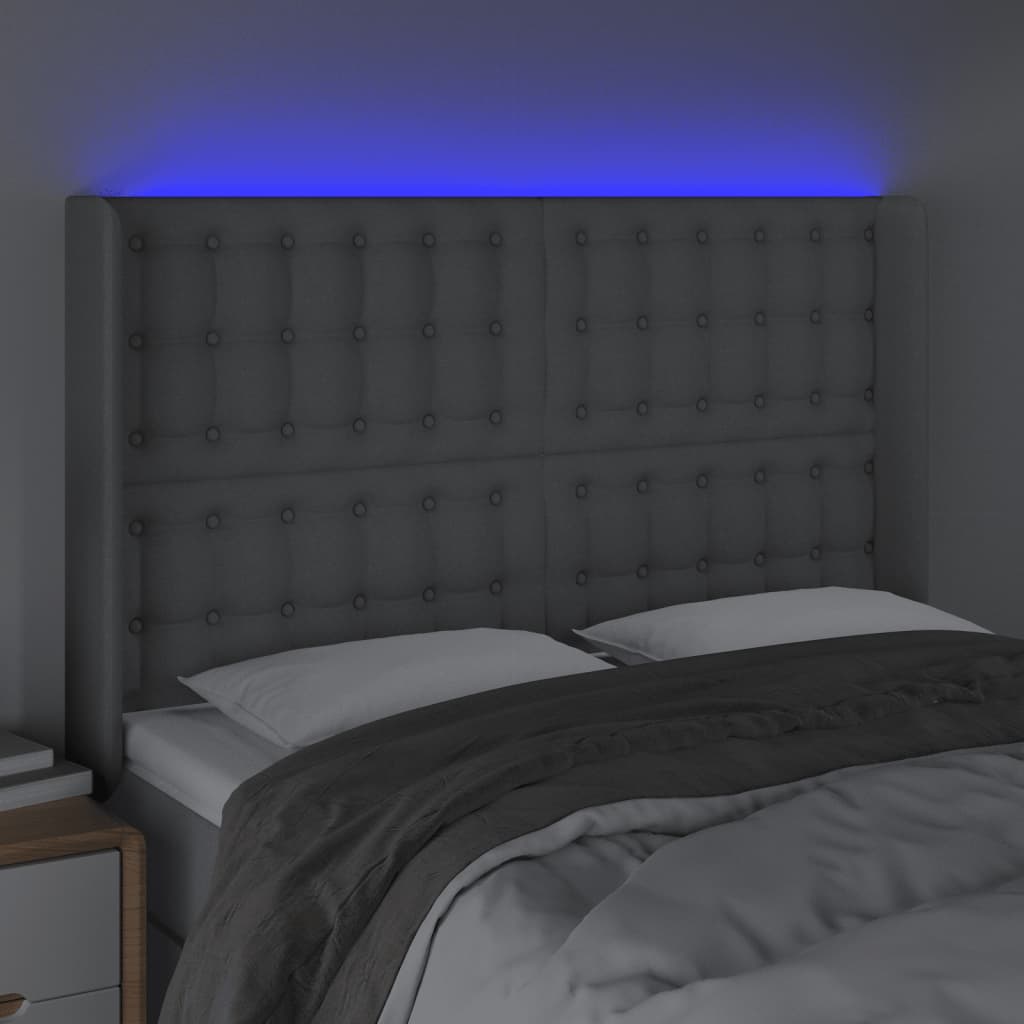 vidaXL Zagłówek do łóżka z LED, jasnoszary, 147x16x118/128 cm, tkanina