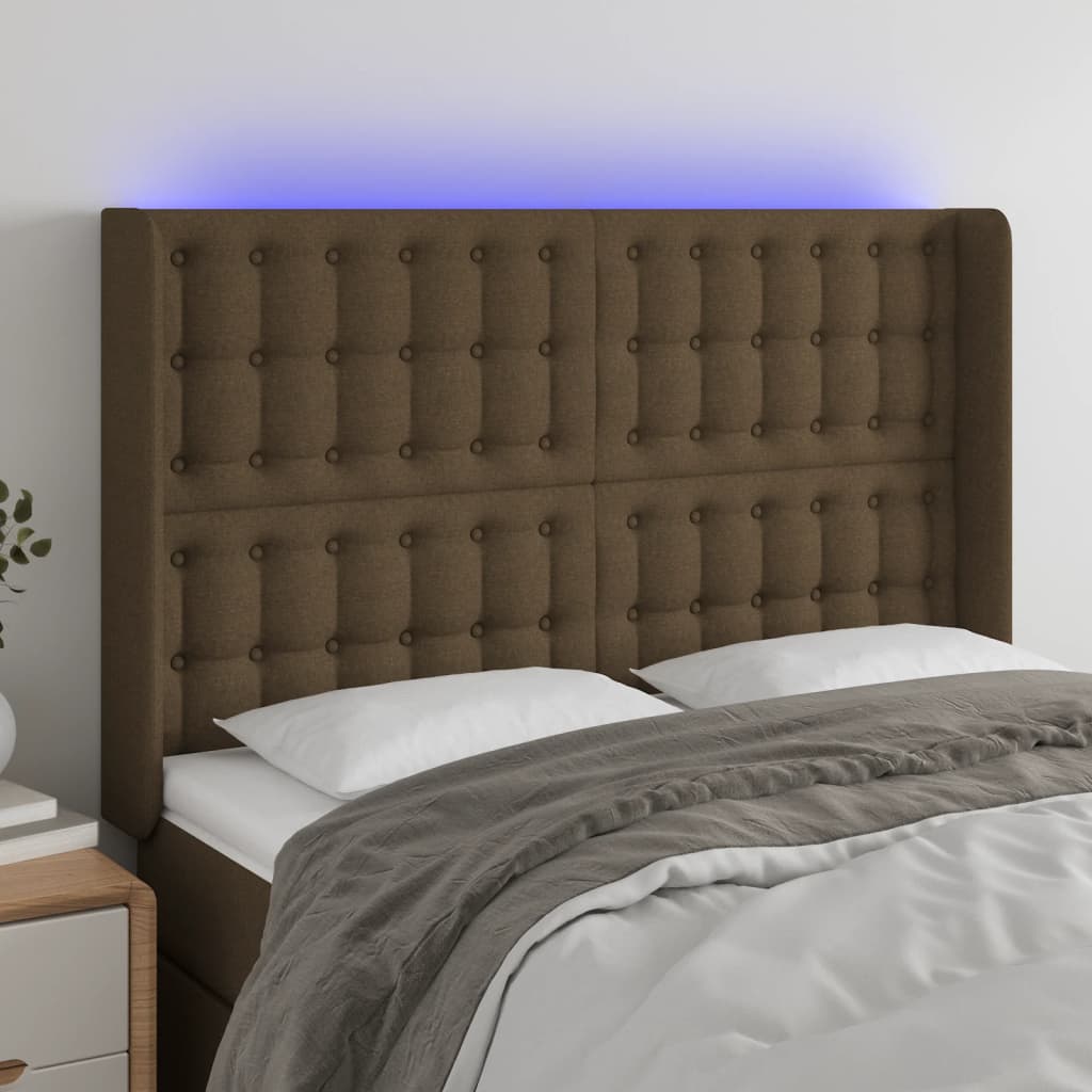vidaXL Zagłówek do łóżka z LED ciemnobrązowy 147x16x118/128 cm tkanina