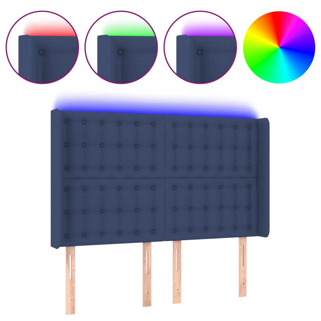 vidaXL Zagłówek do łóżka z LED, niebieski, 147x16x118/128 cm, tkanina