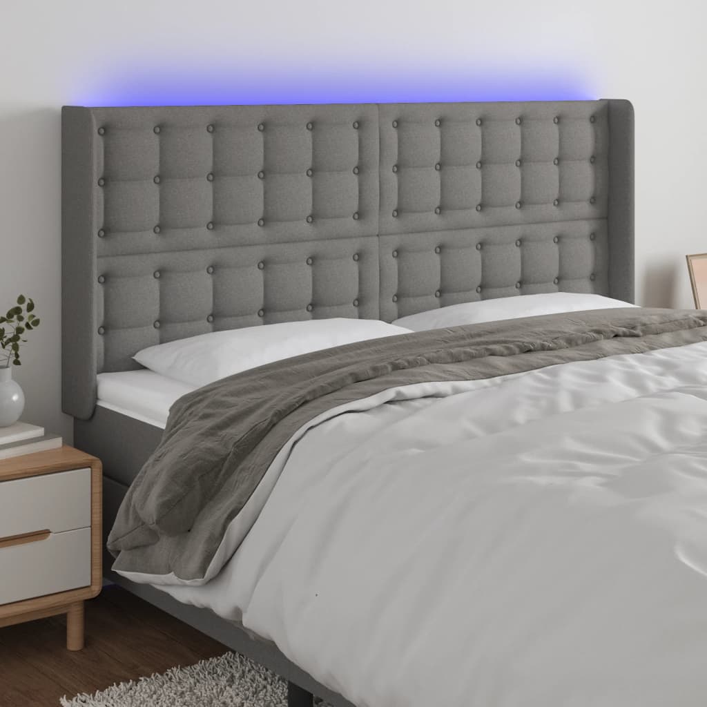 vidaXL Zagłówek do łóżka z LED, ciemnoszary, 163x16x118/128cm, tkanina