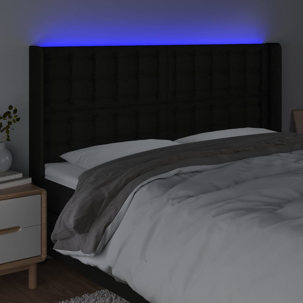 vidaXL Zagłówek do łóżka z LED, czarny, 163x16x118/128 cm, tkanina
