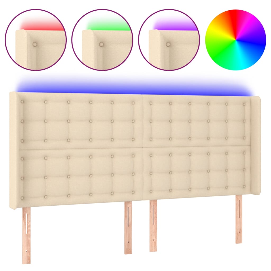 vidaXL Zagłówek do łóżka z LED, kremowy, 163x16x118/128 cm, tkanina