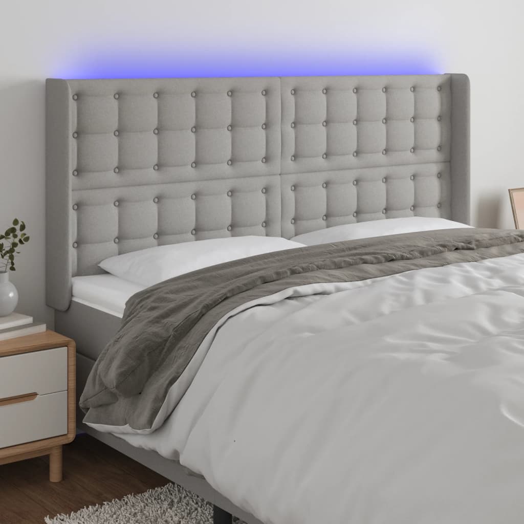 vidaXL Zagłówek do łóżka z LED, jasnoszary, 203x16x118/128 cm, tkanina