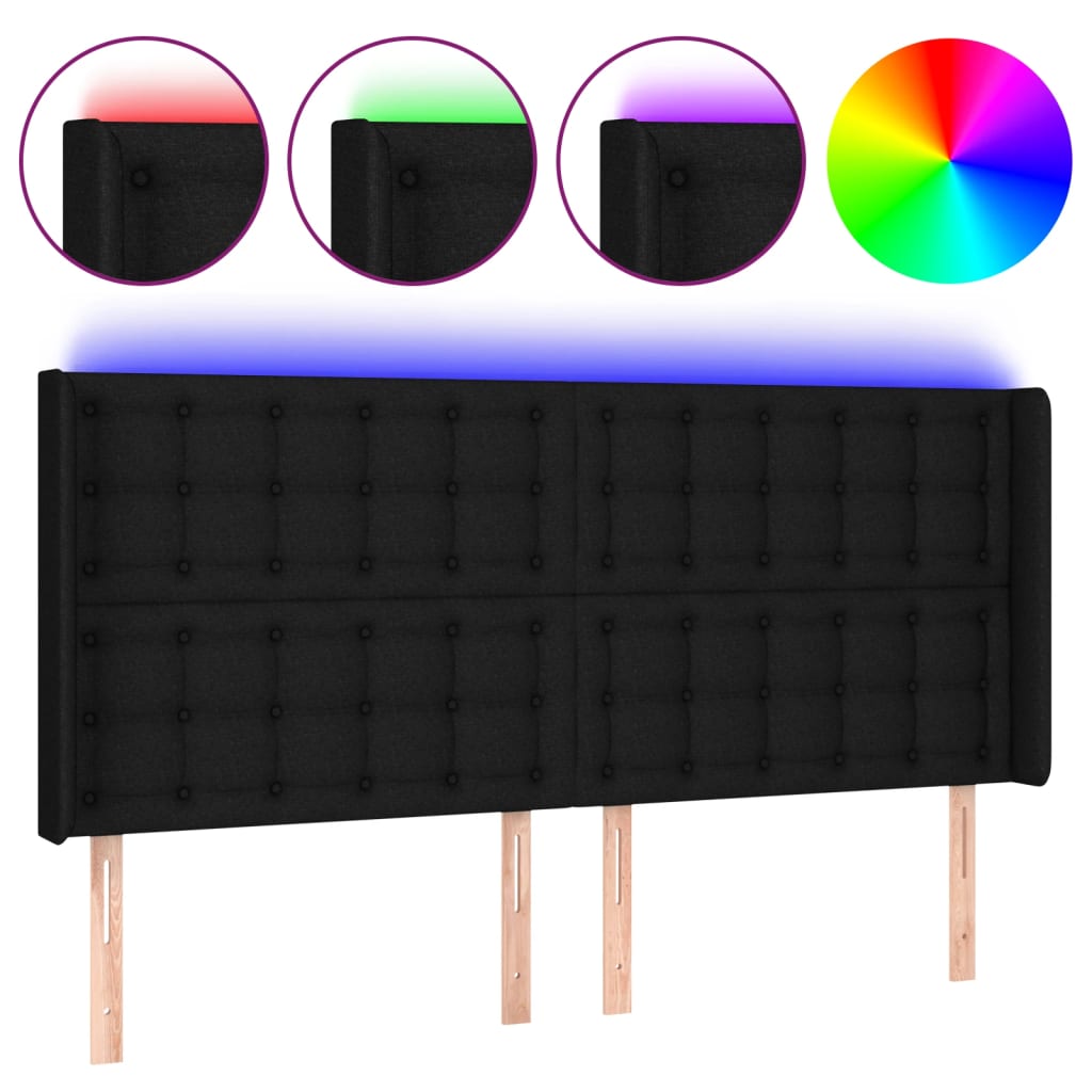 vidaXL Zagłówek do łóżka z LED, czarny, 203x16x118/128 cm, tkanina