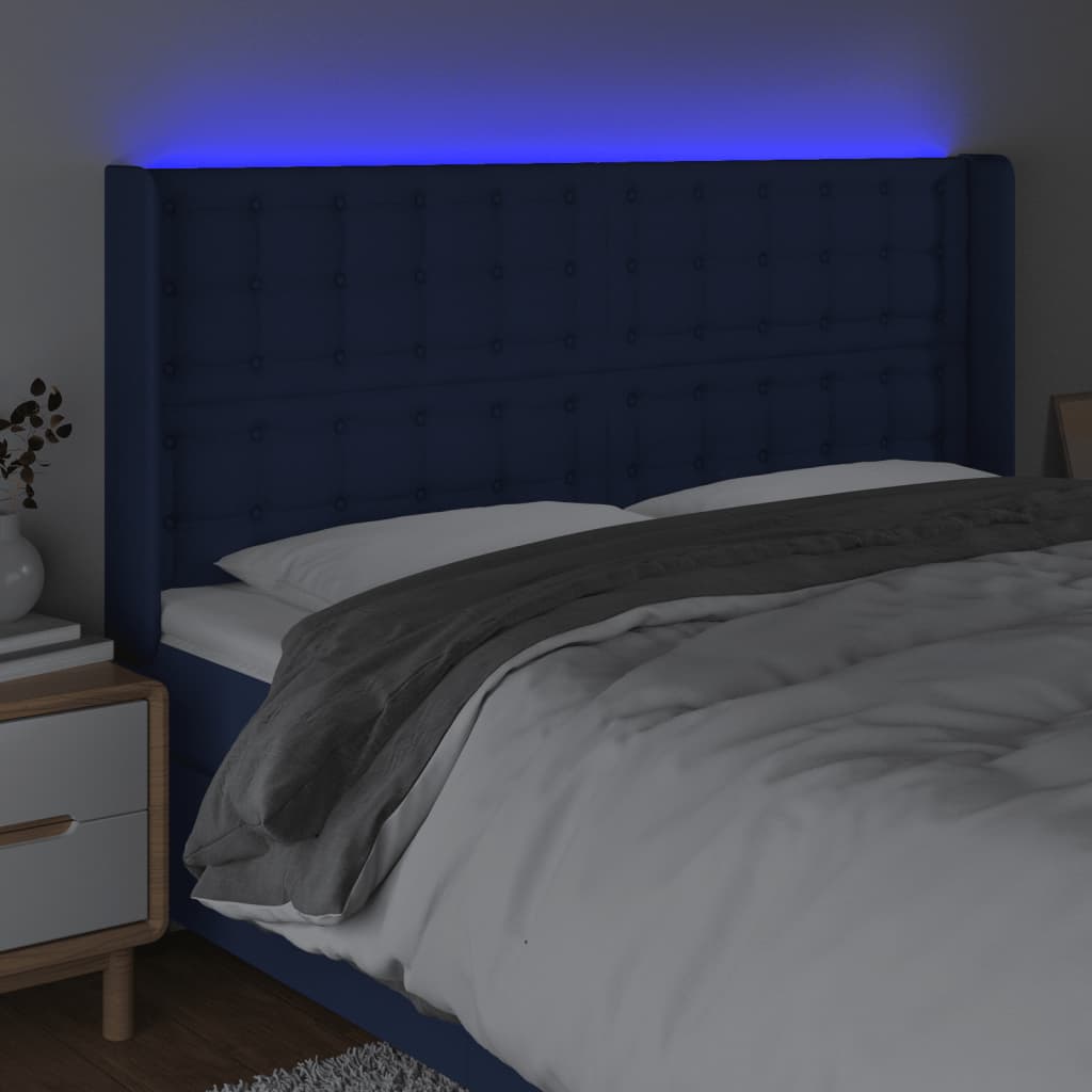 vidaXL Zagłówek do łóżka z LED, niebieski, 203x16x118/128 cm, tkanina