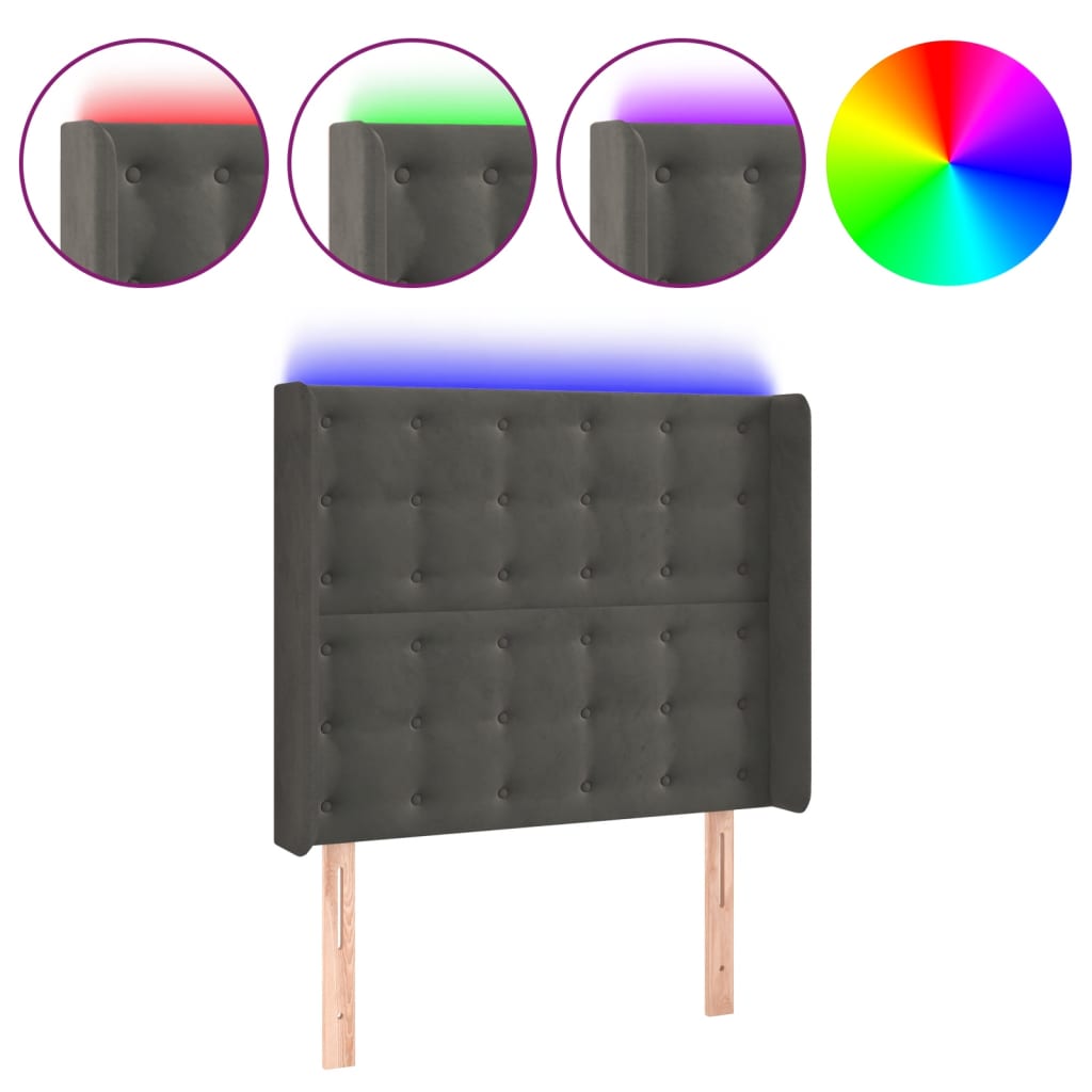 vidaXL Zagłówek do łóżka z LED, ciemnoszary, 83x16x118/128 cm, aksamit