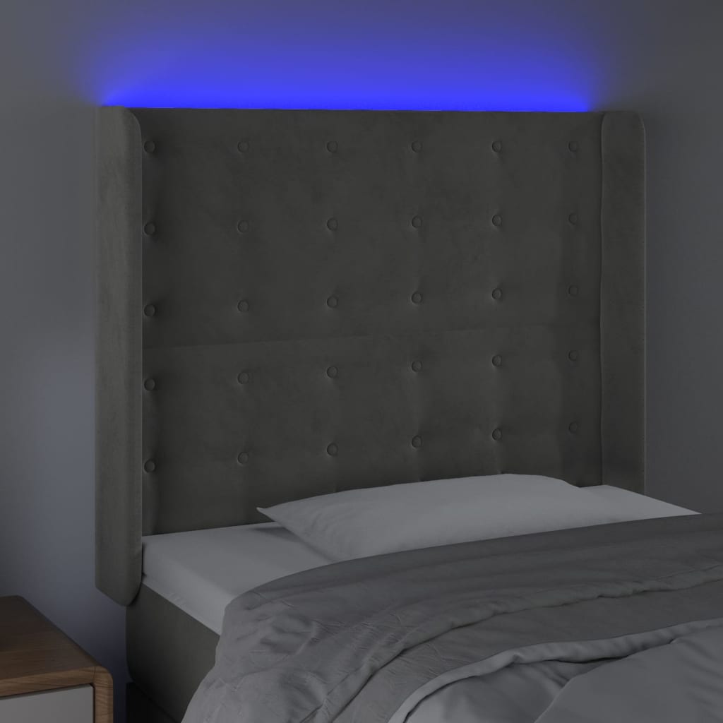 vidaXL Zagłówek do łóżka z LED, jasnoszary, 103x16x118/128 cm, aksamit