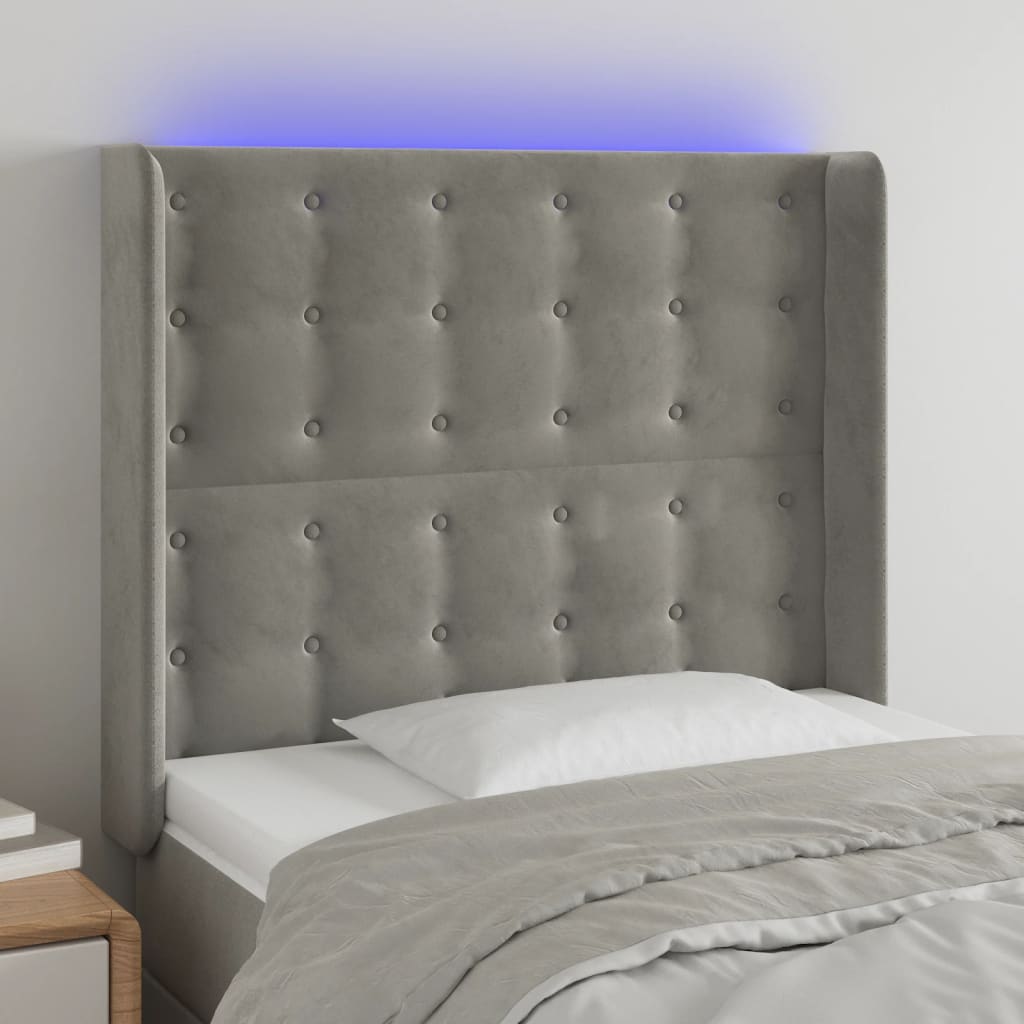 vidaXL Zagłówek do łóżka z LED, jasnoszary, 103x16x118/128 cm, aksamit
