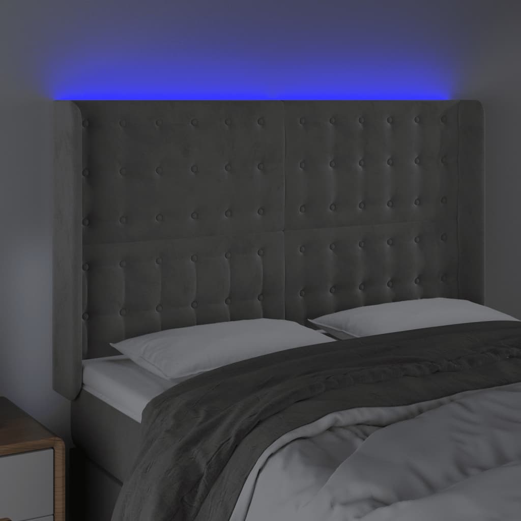 vidaXL Zagłówek do łóżka z LED, jasnoszary, 147x16x118/128 cm, aksamit