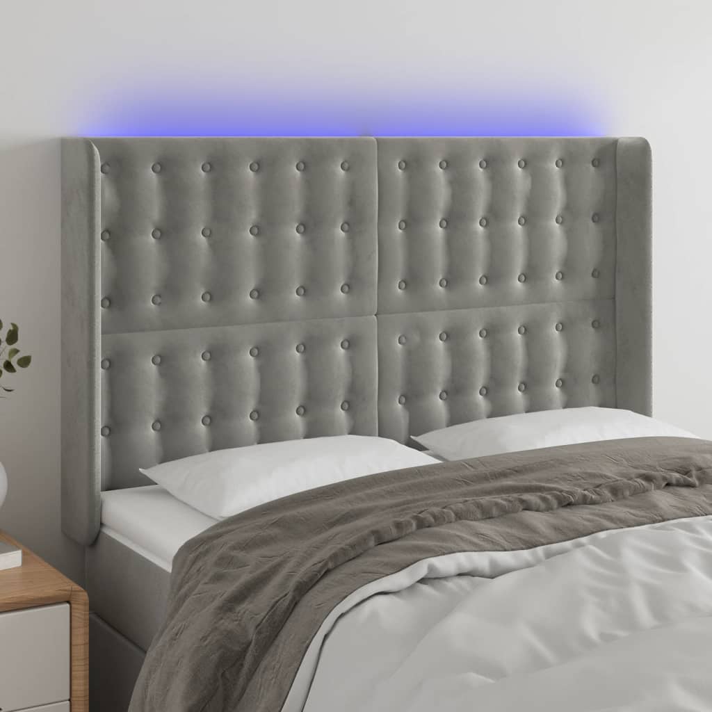 vidaXL Zagłówek do łóżka z LED, jasnoszary, 147x16x118/128 cm, aksamit