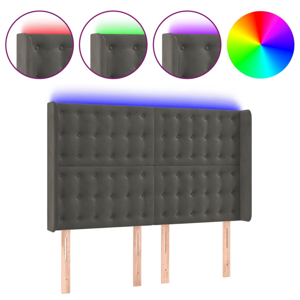 vidaXL Zagłówek do łóżka z LED, ciemnoszary, 147x16x118/128cm, aksamit