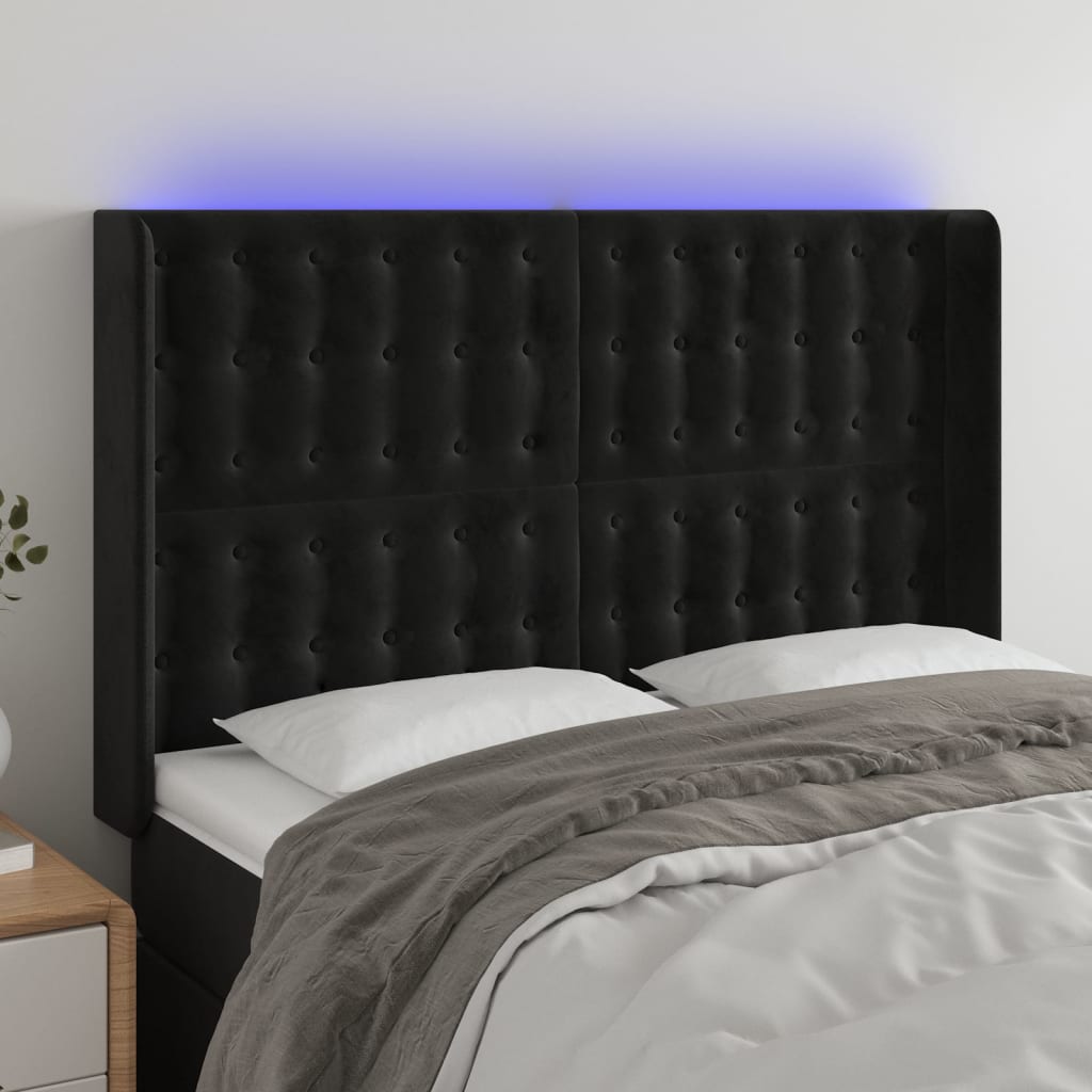 vidaXL Zagłówek do łóżka z LED, czarny, 147x16x118/128 cm, aksamit