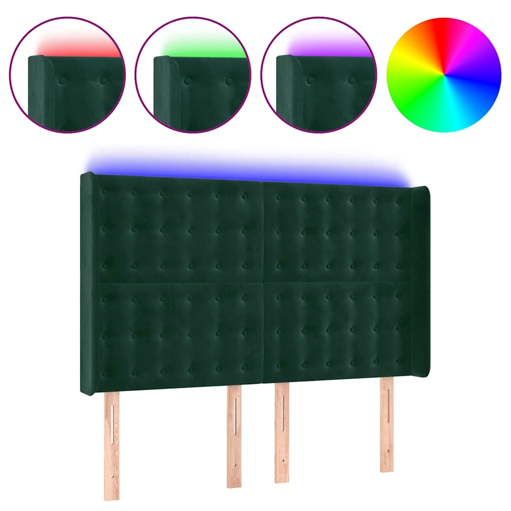 vidaXL Zagłówek do łóżka z LED, ciemnozielony 147x16x118/128cm aksamit