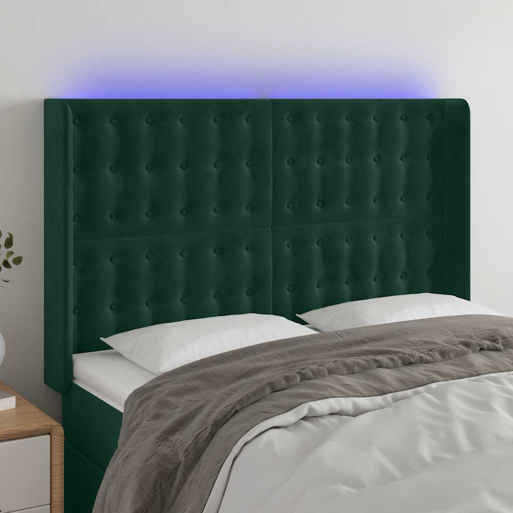 vidaXL Zagłówek do łóżka z LED, ciemnozielony 147x16x118/128cm aksamit