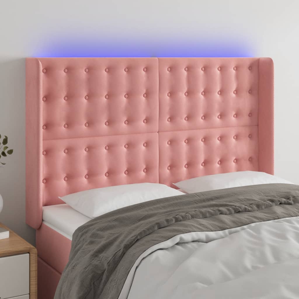 vidaXL Zagłówek do łóżka z LED, różowy, 147x16x118/128 cm, aksamit