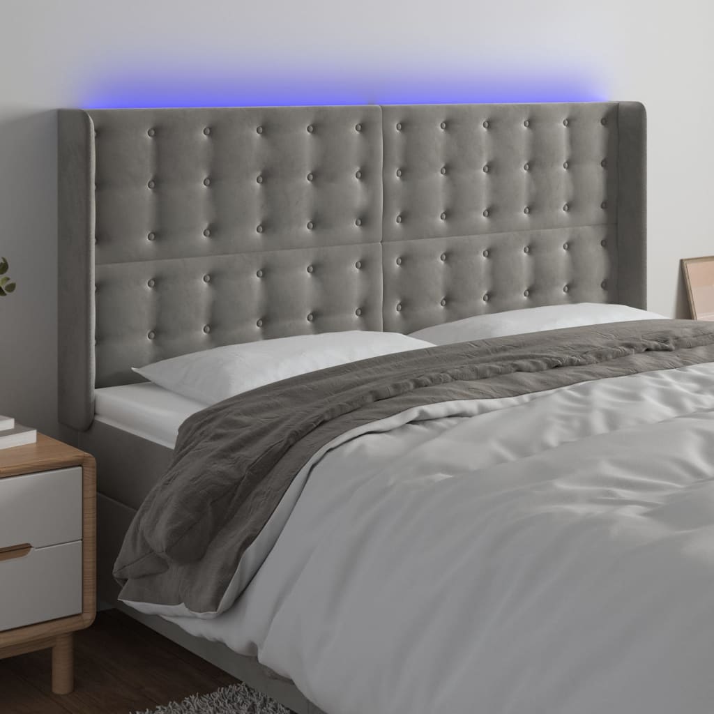 vidaXL Zagłówek do łóżka z LED, jasnoszary, 163x16x118/128 cm, aksamit