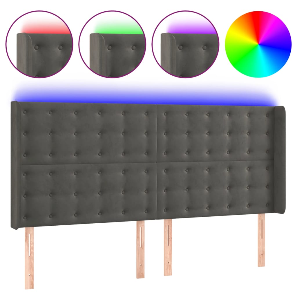 vidaXL Zagłówek do łóżka z LED, ciemnoszary, 163x16x118/128cm, aksamit