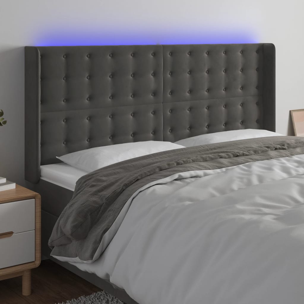 vidaXL Zagłówek do łóżka z LED, ciemnoszary, 163x16x118/128cm, aksamit