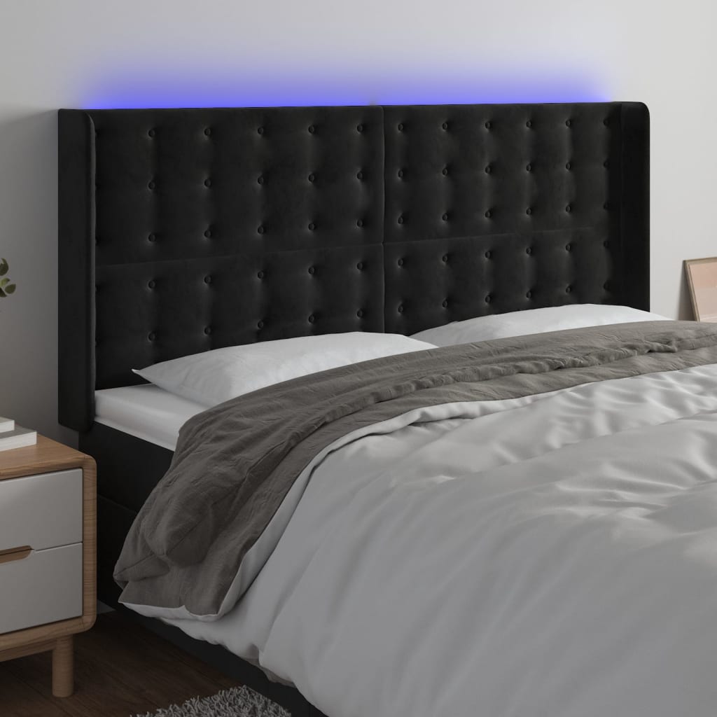 vidaXL Zagłówek do łóżka z LED, czarny, 163x16x118/128 cm, aksamit