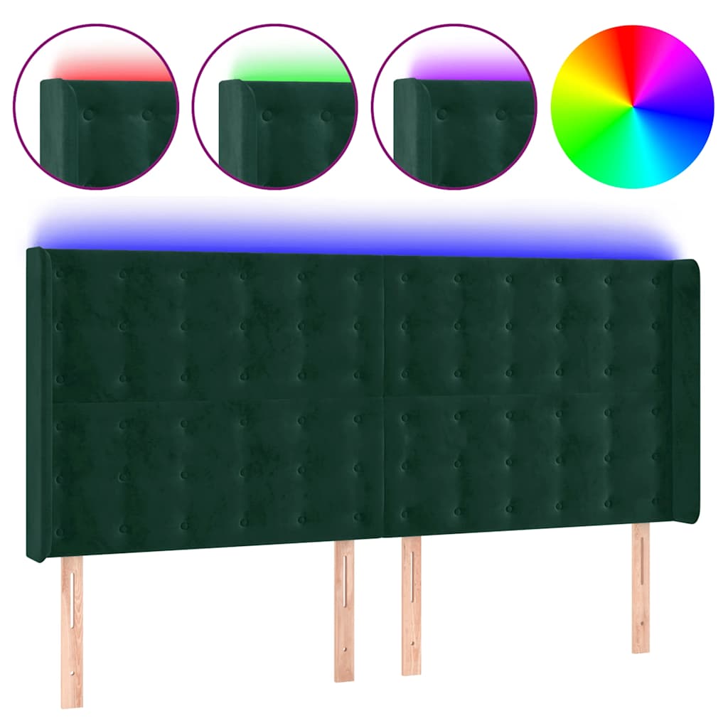 vidaXL Zagłówek do łóżka z LED, ciemnozielony 163x16x118/128cm aksamit