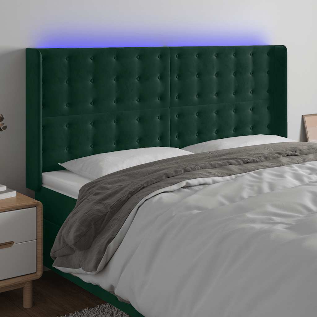 vidaXL Zagłówek do łóżka z LED, ciemnozielony 163x16x118/128cm aksamit