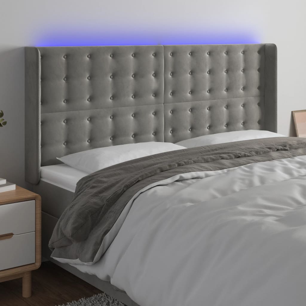 vidaXL Zagłówek do łóżka z LED, jasnoszary, 183x16x118/128 cm, aksamit