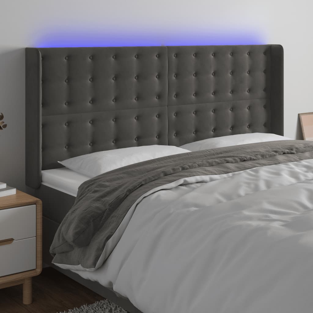 vidaXL Zagłówek do łóżka z LED, ciemnoszary, 183x16x118/128cm, aksamit