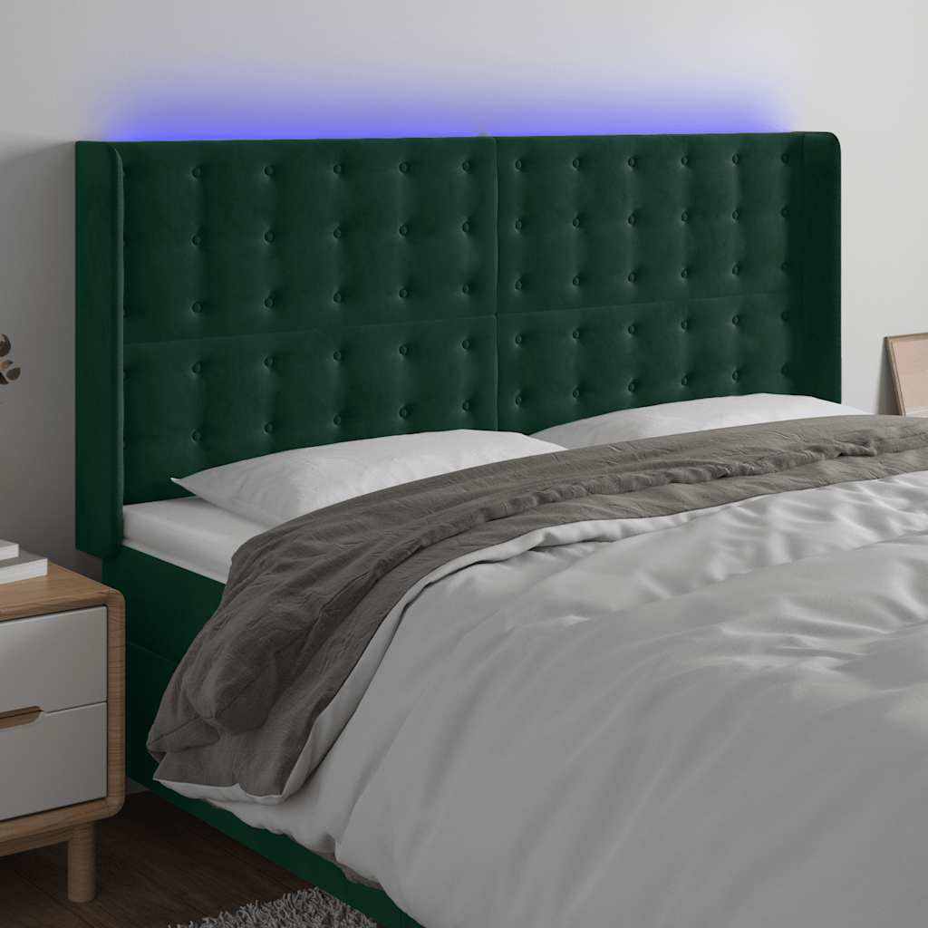 vidaXL Zagłówek do łóżka z LED, ciemnozielony 183x16x118/128cm aksamit