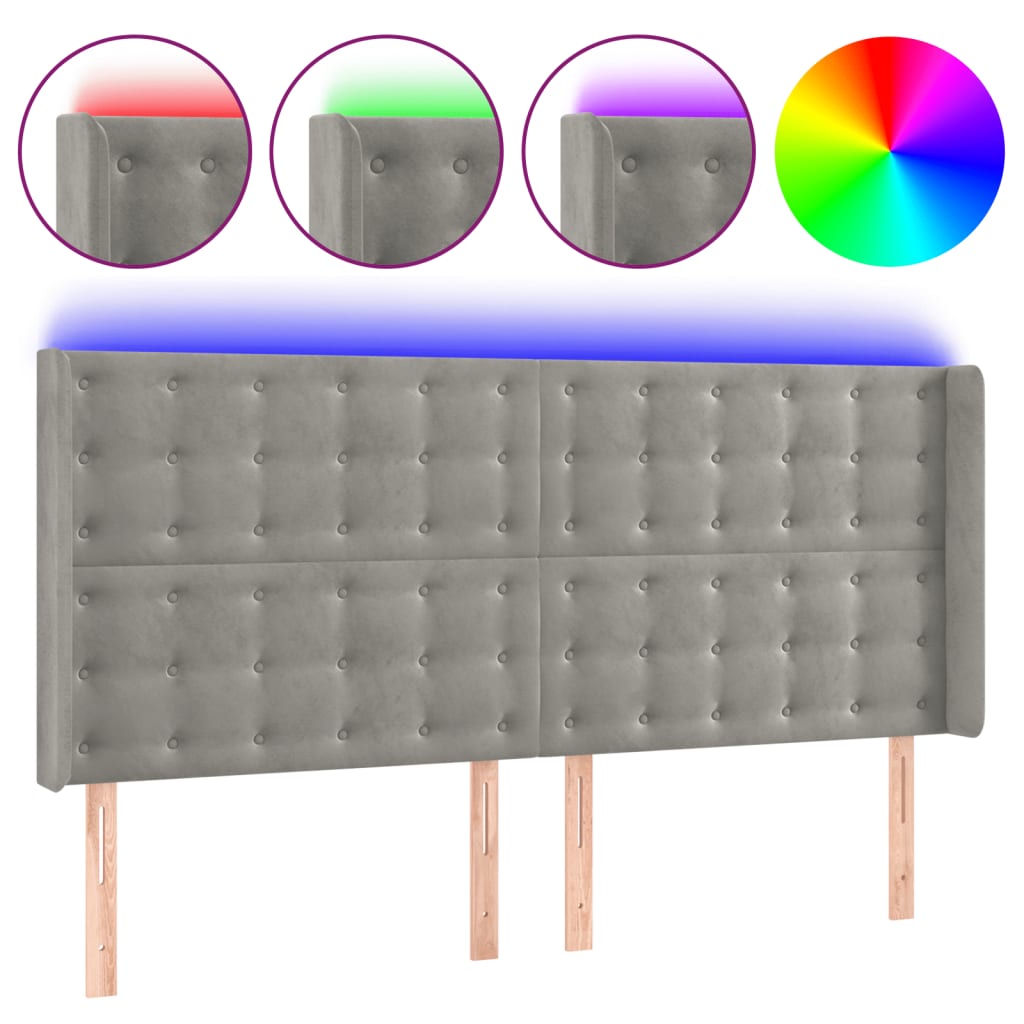 vidaXL Zagłówek do łóżka z LED, jasnoszary, 203x16x118/128 cm, aksamit